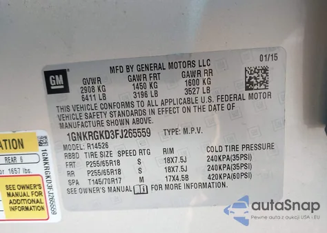 2015 Chevrolet Traverse 1Lt из США, поврежденный, VIN 1GNKRGKD3FJ265559